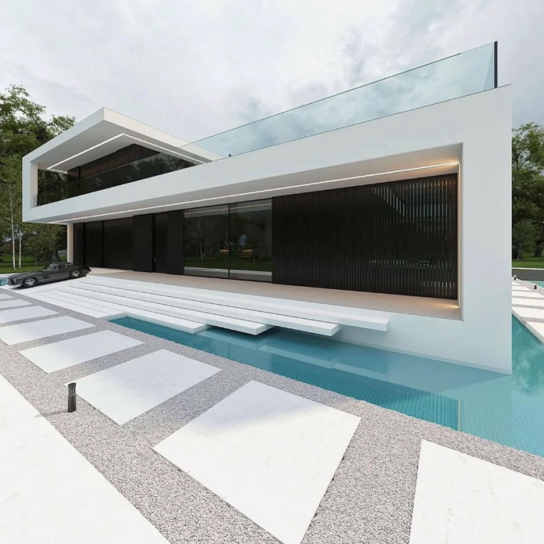 Konzeptbild einer modernen Villa mit Wasserbecken und klarer, minimalistischer Architektur