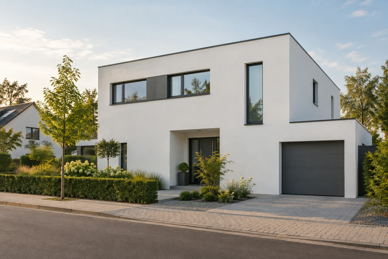 Zeitgemäßes weißes Wohngebäude als inszeniertes Projektmotiv